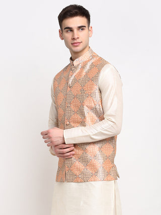 Jompers Men's Peach Digital Printed Peach-Purple Waistcoat