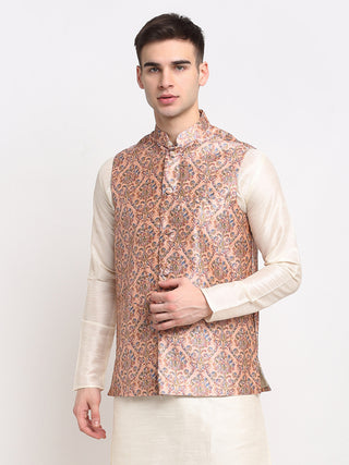 Jompers Men's Peach Digital Printed Peach Waistcoat