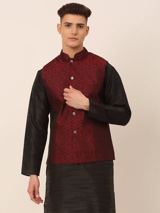 Jompers Men's Maroon Self-Designed Maroon Waistcoat