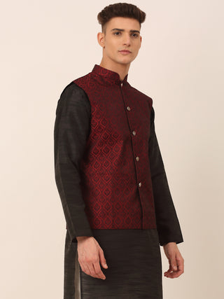 Jompers Men's Maroon Self-Designed Maroon Waistcoat