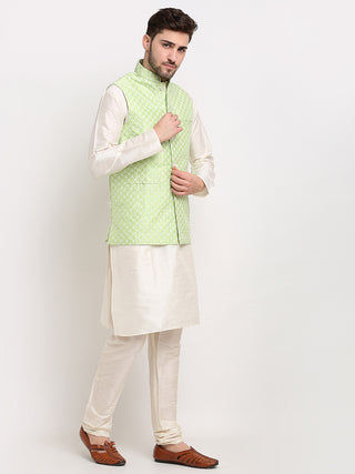 Jompers Men's Green Green and White Embroidered Nehru Jacket