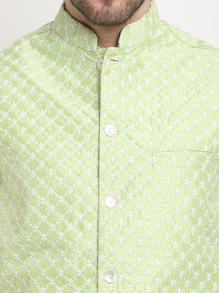 Jompers Men's Green Green and White Embroidered Nehru Jacket