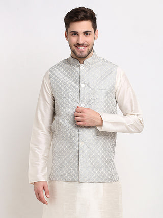 Jompers Men's Grey Grey and White Embroidered Nehru Jacket