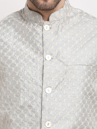 Jompers Men's Grey Grey and White Embroidered Nehru Jacket