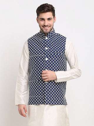 Jompers Men's Navy Blue Navy Blue and White Embroidered Nehru Jacket