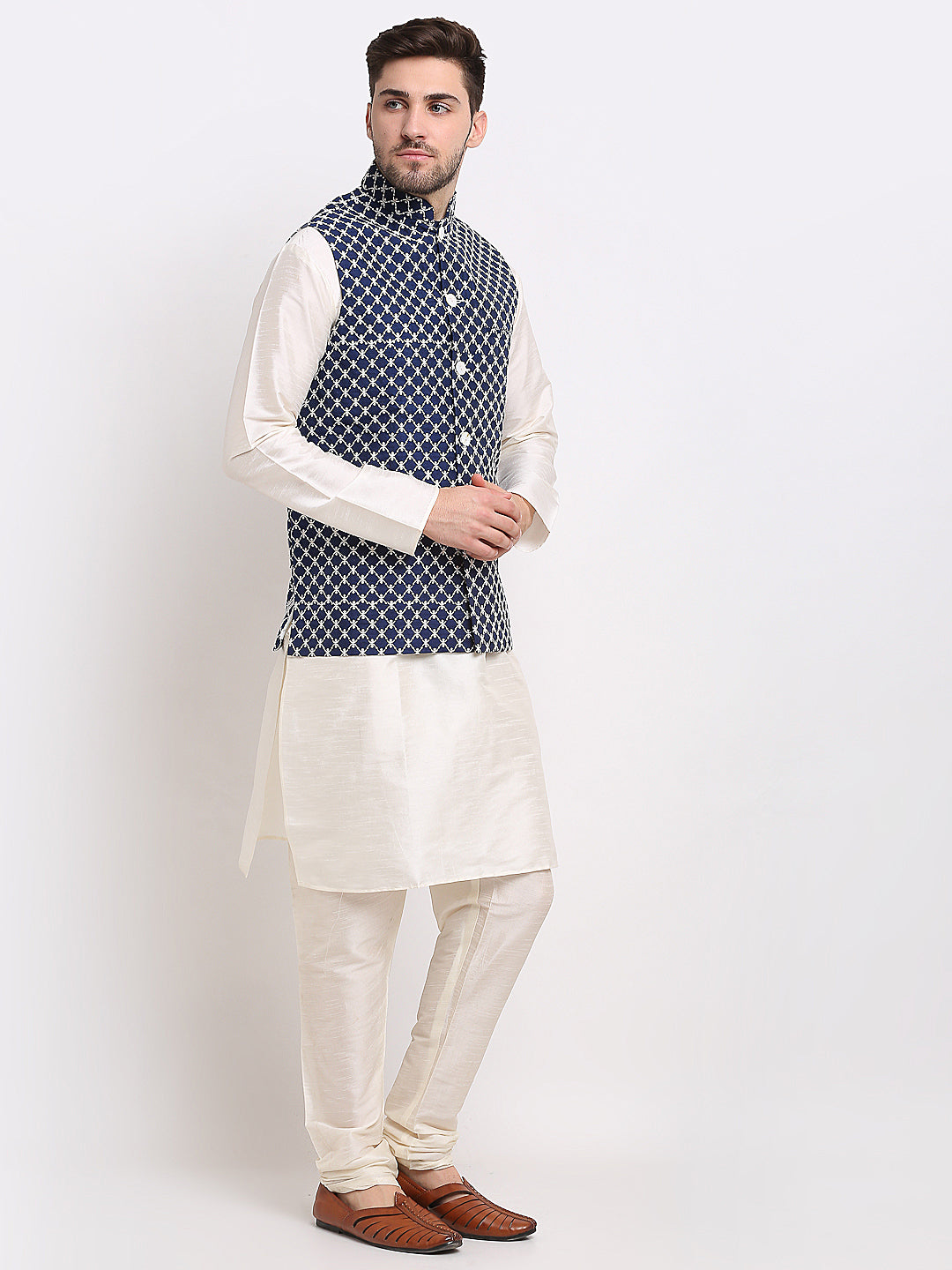 Jompers Men's Navy Blue Navy Blue and White Embroidered Nehru Jacket