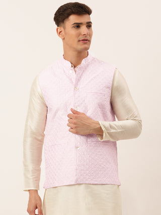 Jompers Men's Pink Pink and White Embroidered Nehru Jacket