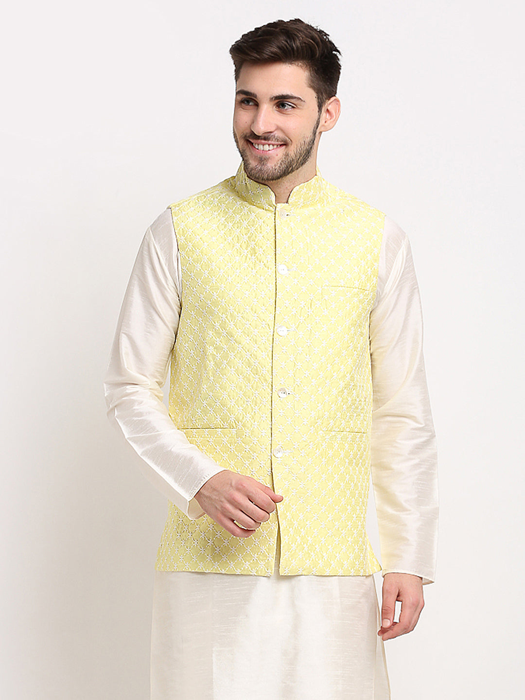 Jompers Men's Yellow Yellow and White Embroidered Nehru Jacket