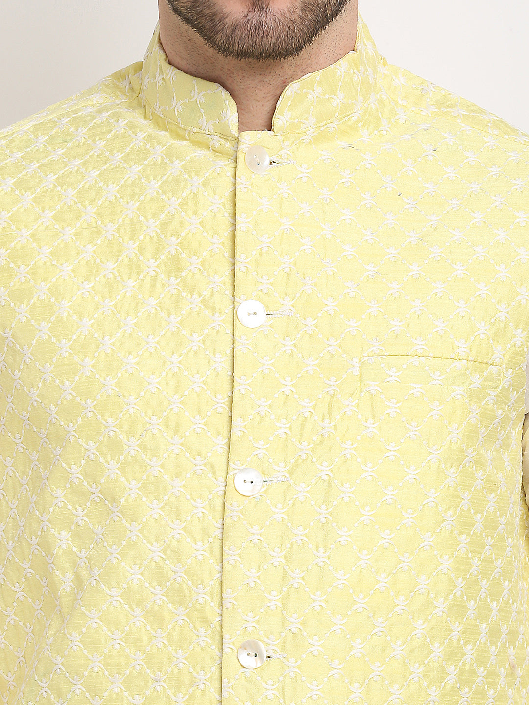 Jompers Men's Yellow Yellow and White Embroidered Nehru Jacket