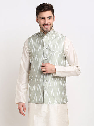 Jompers Men's Grey Ikat Printed Nehru Jacket