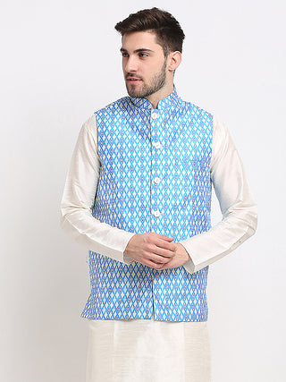 Jompers Men's Blue Ikat Printed Nehru Jacket