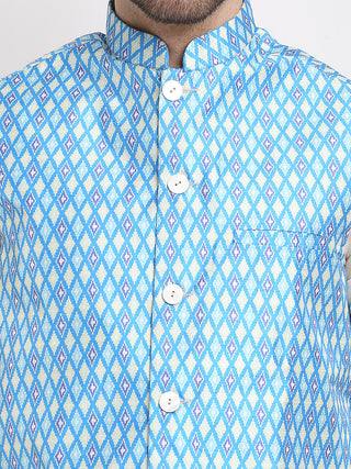 Jompers Men's Blue Ikat Printed Nehru Jacket