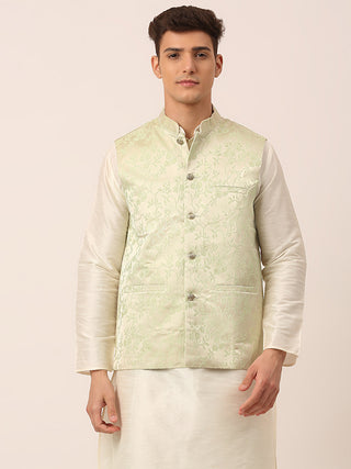 Men's Pista Green Floral Design Nehru Jacket.