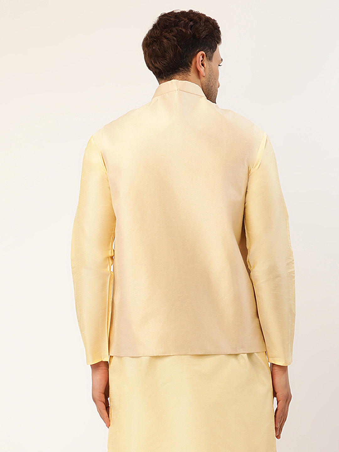 Men Cream & Gold Embroidered Woven Nehru Jacket