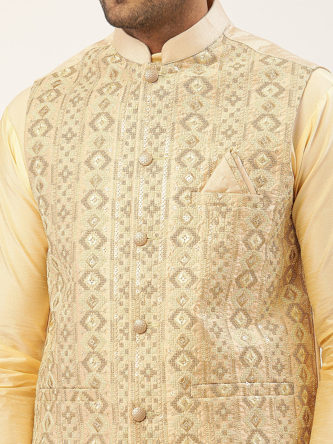 Men Cream & Gold Embroidered Woven Nehru Jacket