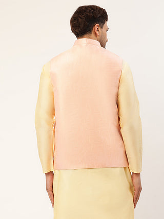 Men Pink & Gold Embroidered Woven Nehru Jacket