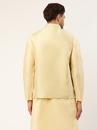 Men Pista Green & Gold Embroidered Woven Nehru Jacket