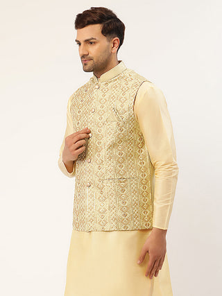 Men Pista Green & Gold Embroidered Woven Nehru Jacket