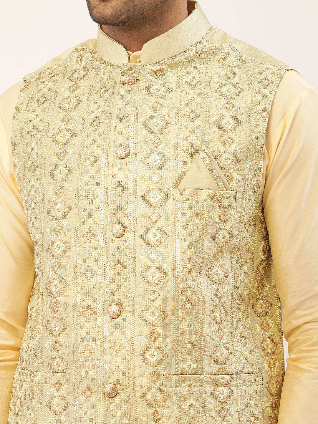 Men Pista Green & Gold Embroidered Woven Nehru Jacket
