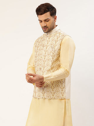 Men White & Gold Embroidered Woven Nehru Jacket