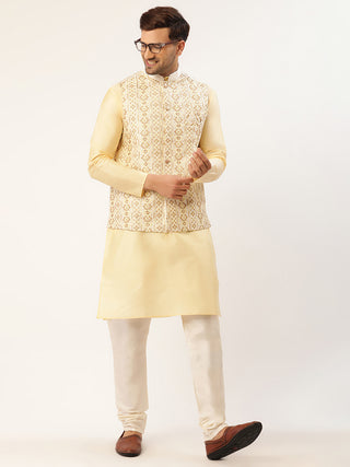 Men White & Gold Embroidered Woven Nehru Jacket