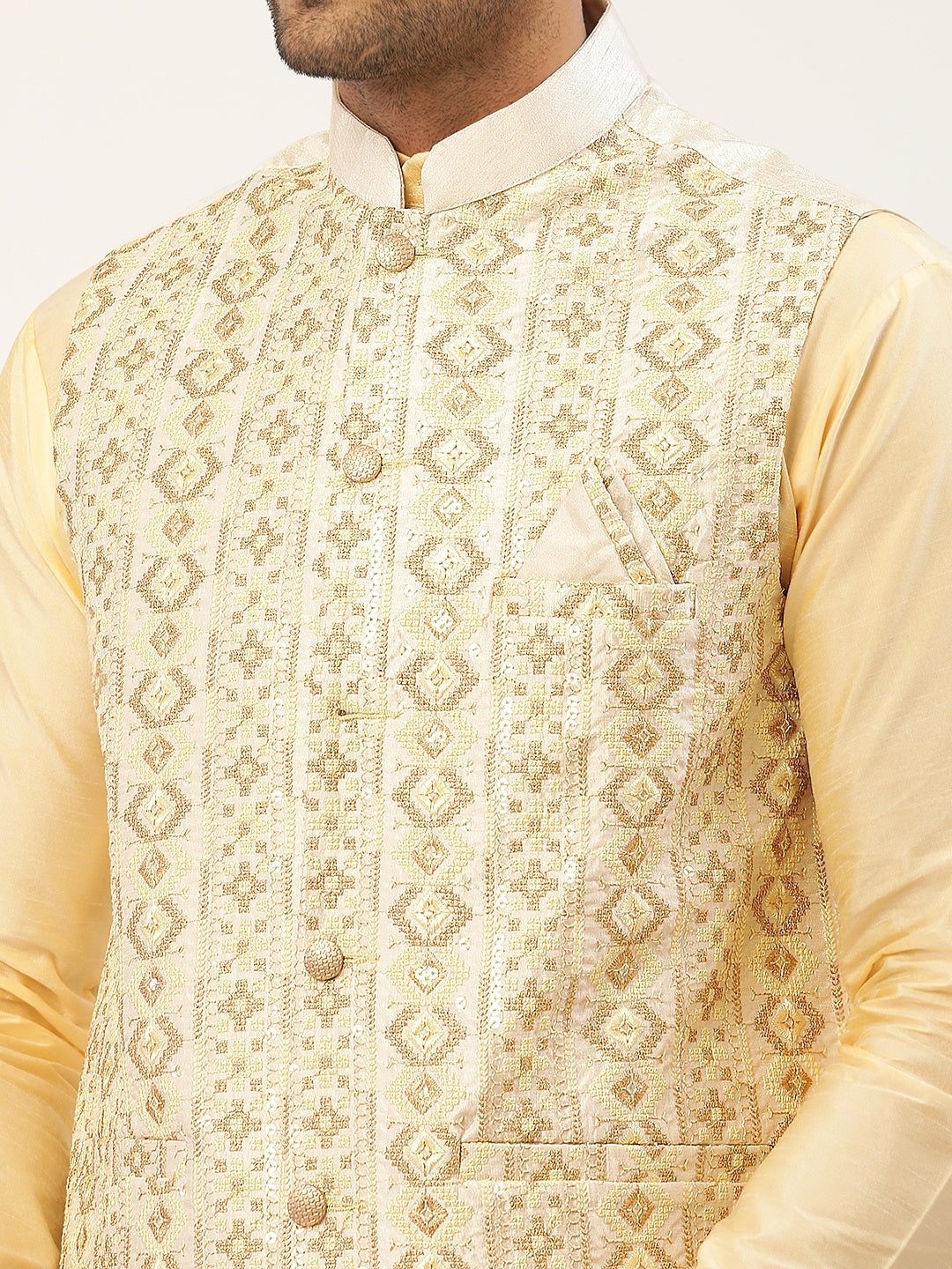 Men White & Gold Embroidered Woven Nehru Jacket