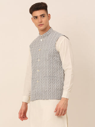 Men's Grey Embroidered Nehru Jackets