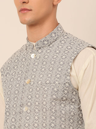 Men's Grey Embroidered Nehru Jackets