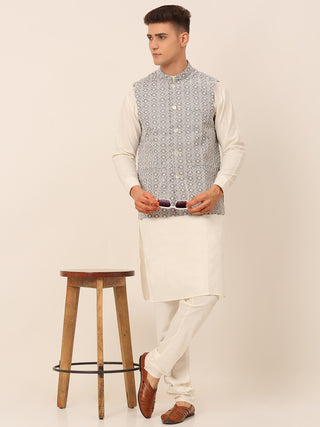 Men's Grey Embroidered Nehru Jackets