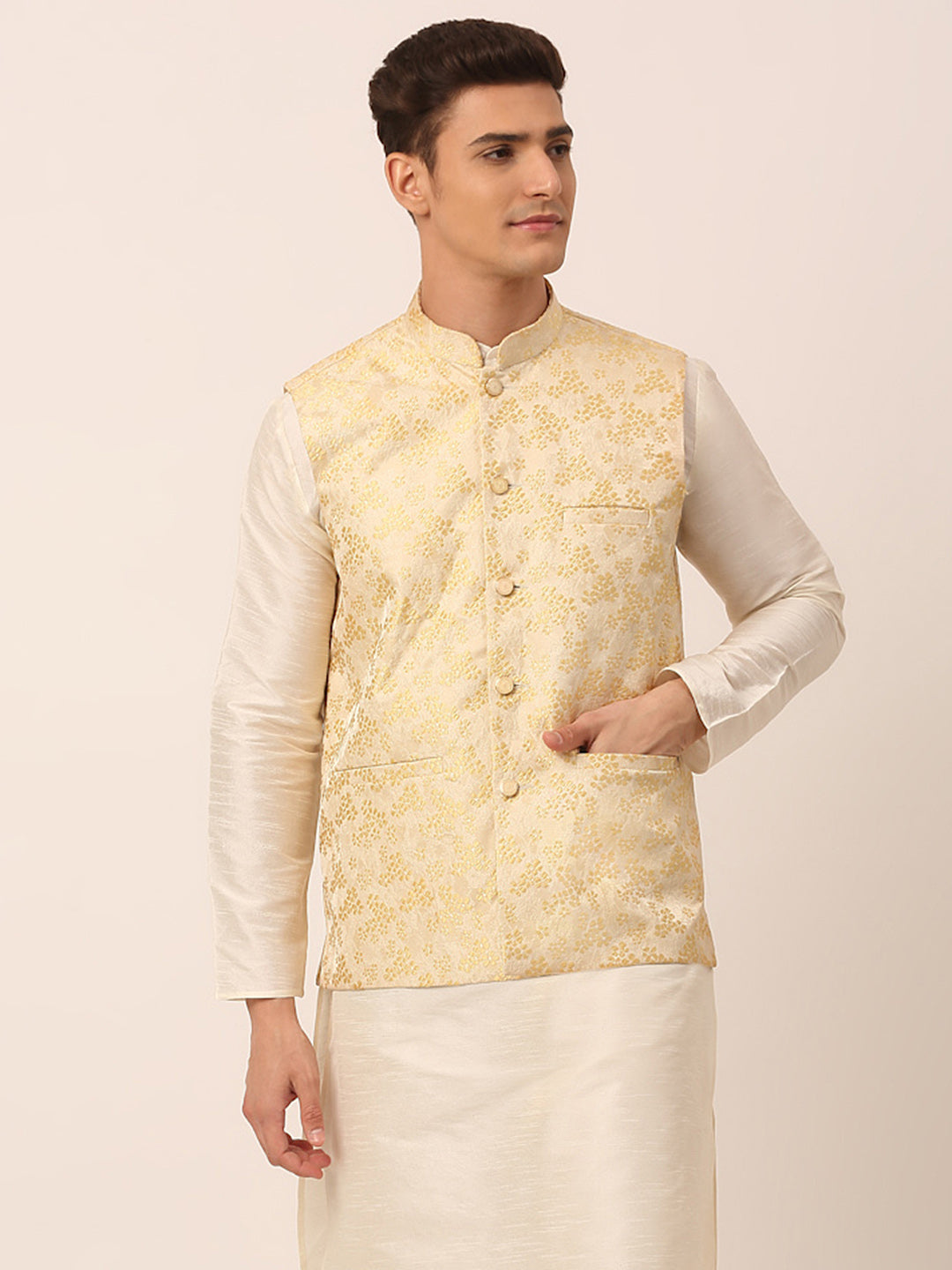 Men's Golden Floral Design Nehru Jacket.