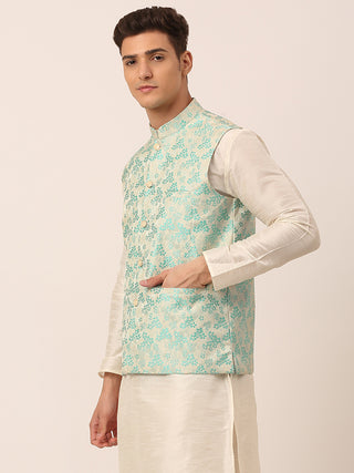 Men's Sky Blue Floral Design Nehru Jacket.