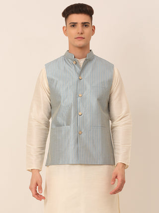 Men Blue & Golden Embroidered Nehru Jackets