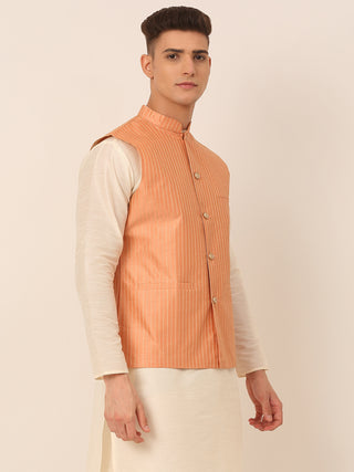Men Peach & Golden Embroidered Nehru Jackets