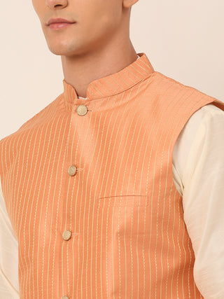 Men Peach & Golden Embroidered Nehru Jackets