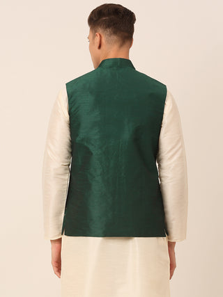 Men Green Embroidered Woven Nehru Jackets