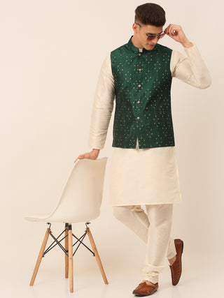 Men Green Embroidered Woven Nehru Jackets