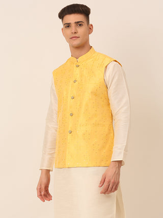 Men Yellow Embroidered Woven Nehru Jackets