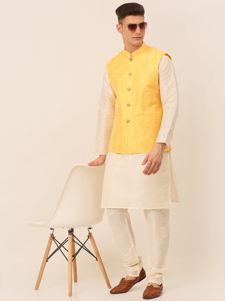 Men Yellow Embroidered Woven Nehru Jackets