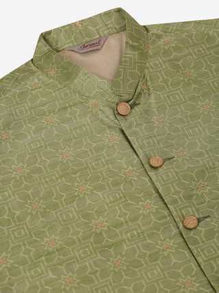 Men Beige & Golden Woven Design Nehru Jackets-JOWC_4045Pista