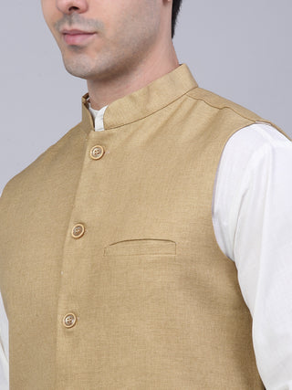 Men Beige Solid Woven Sleeveless Nehru Jackets