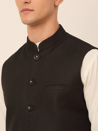 Men Black Solid Woven Sleeveless Nehru Jackets