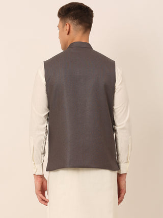 Men Charcoal Grey Solid Woven Sleeveless Nehru Jackets