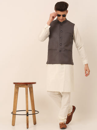 Men Charcoal Grey Solid Woven Sleeveless Nehru Jackets