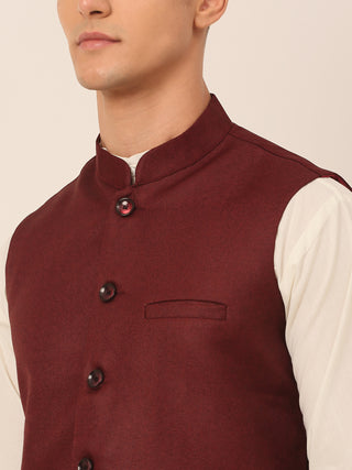 Men Maroon Solid Woven Sleeveless Nehru Jackets