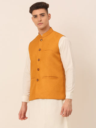 Men Mustard Solid Woven Sleeveless Nehru Jackets