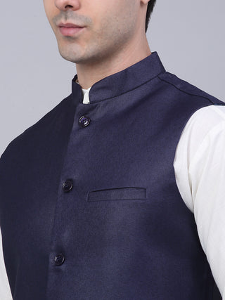 Men Navy Blue Solid Woven Sleeveless Nehru Jackets