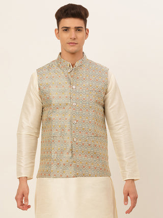 Men Grey Embroidered Nehru Jacket