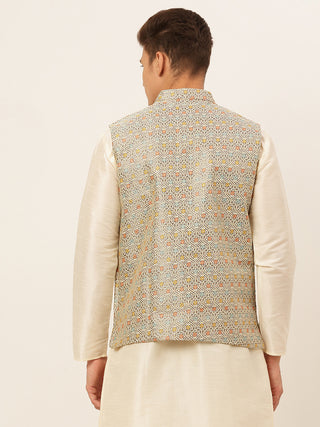 Men Grey Embroidered Nehru Jacket