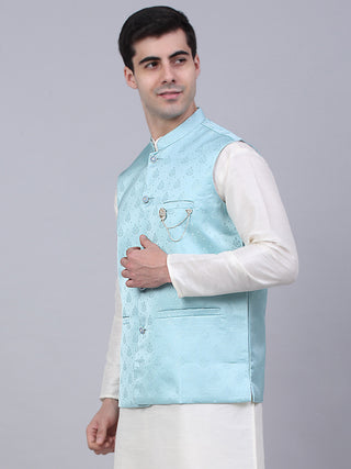 Men's Sky Blue Woven Design Waistcoats