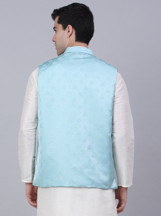 Men's Sky Blue Woven Design Waistcoats